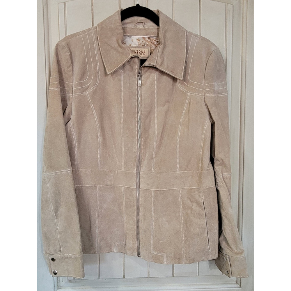 Wilsons Vintage Womens Beige Suede Jacket Size Large White Top Stitching